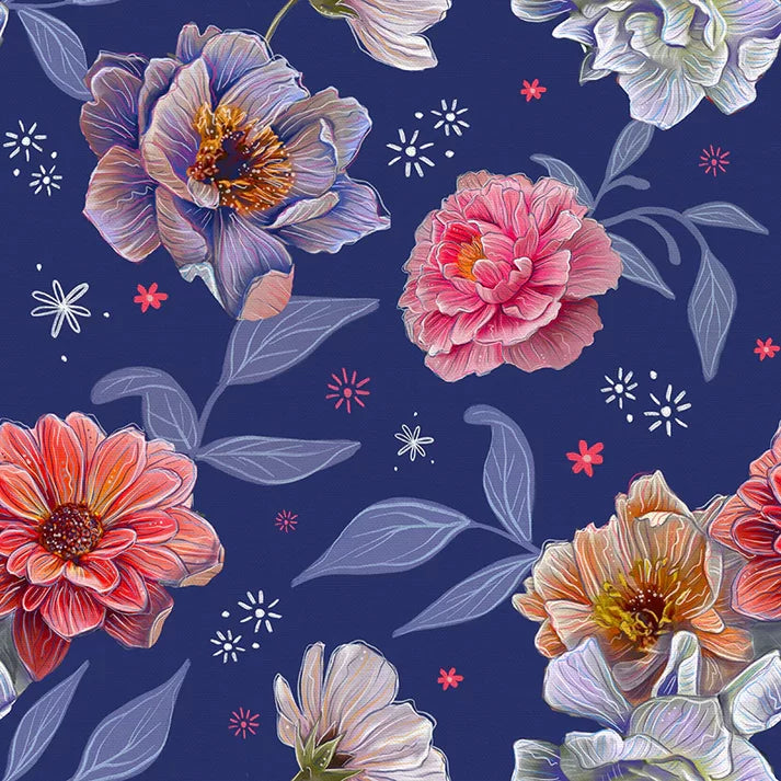 Paintbrush Studios Midnight Blooms Navy - 1/2 Yard