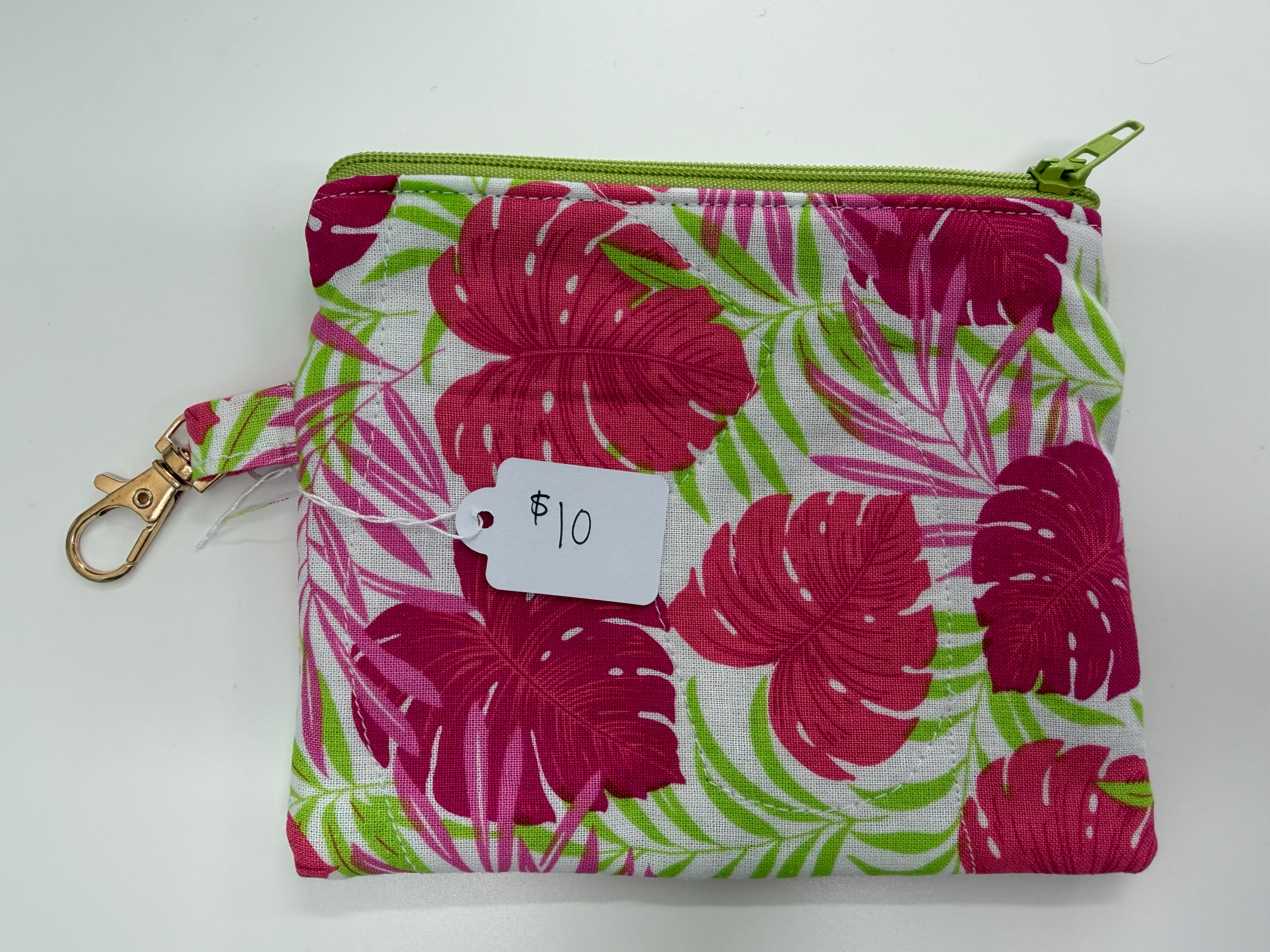Pink and Green Palm Leave Small Keychain Zipper Pouch - Tiny Jungles