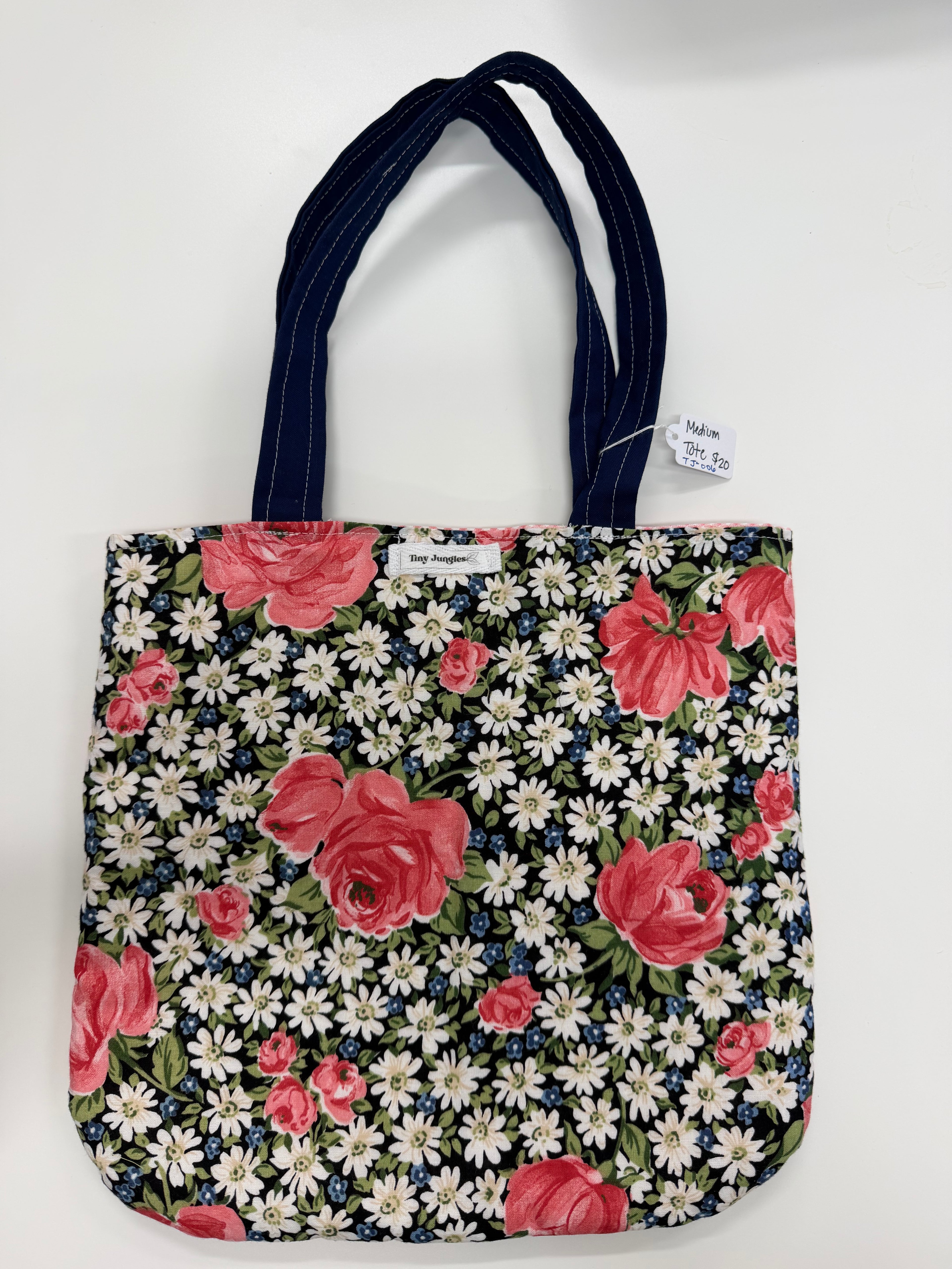 Pink and Navy Rose Medium Tote- Tiny Jungles