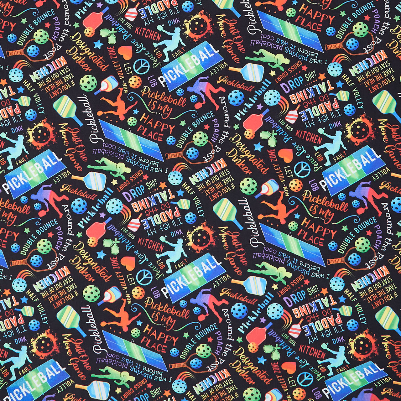 Fitness Fanatic Pickleball Black by Gail Cadden for Timeless Treasures - 1/2 YARD