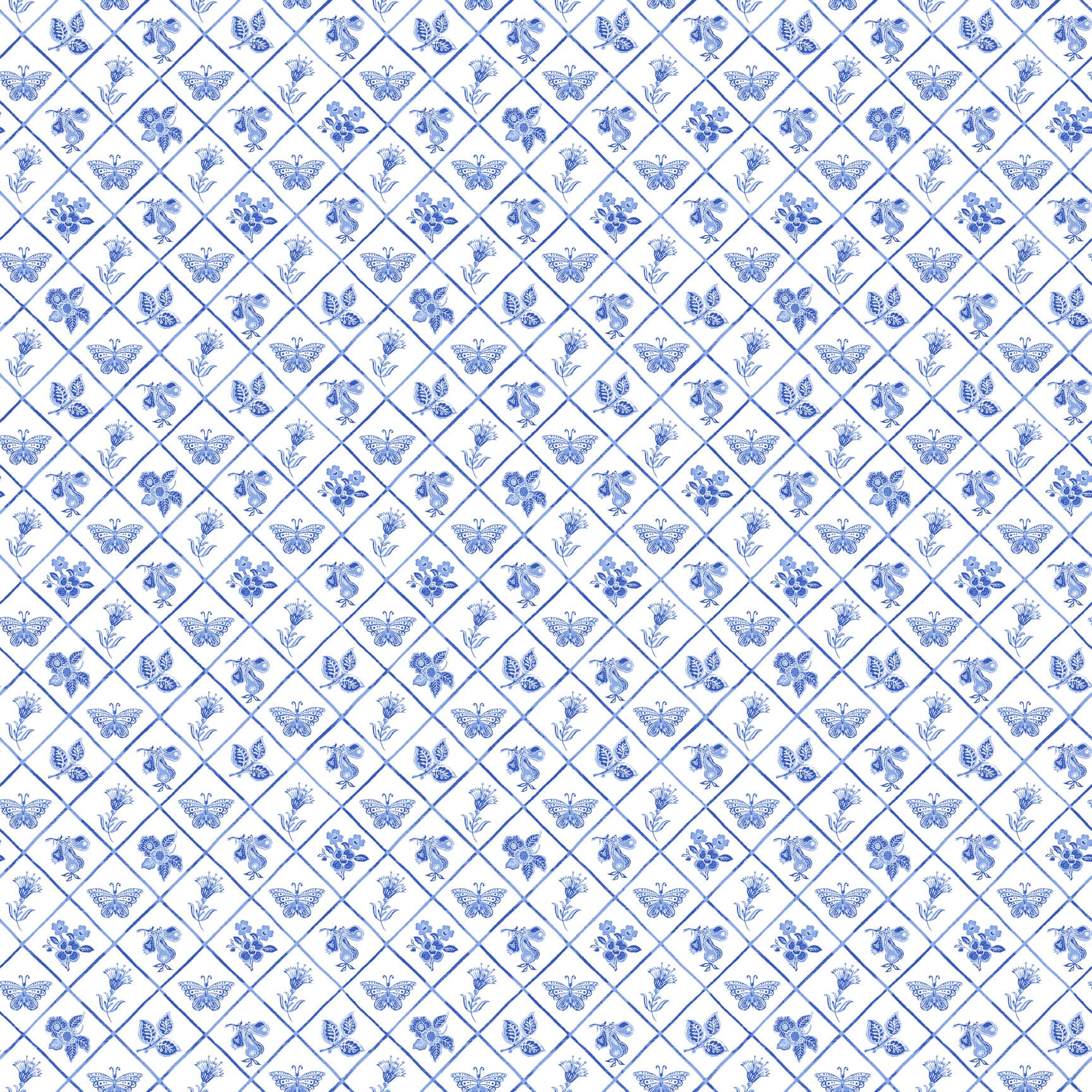 Delft Dynasty by Deborah Edwards- Flower Grid - White/Blue for Northcott -1/2 Yard