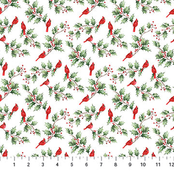 Holly Jolly Cardinal & Holly White Multi by Emma Leach for Northcott - 1/2 YARD