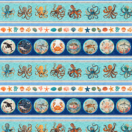 Deep Sea Dazzle Undersea Border Stripe By Morris Creative Group from QT Fabrics - 1/2 yard