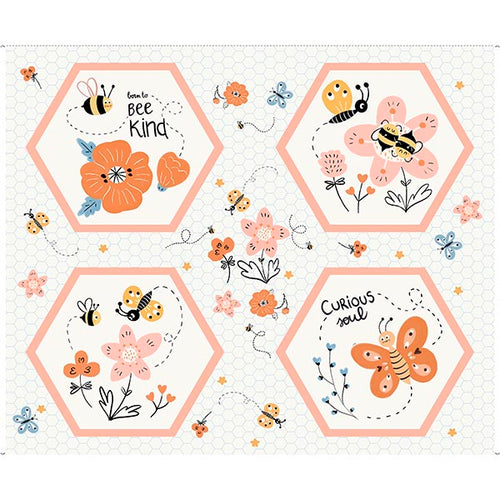 Bee Kind & Curious - Bee & Floral Hexagon Patch Panel - Ecru