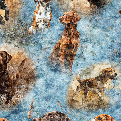 Hunting Dogs - Blue - by Morris Creative Group for QT Fabrics - 1/2 Yard