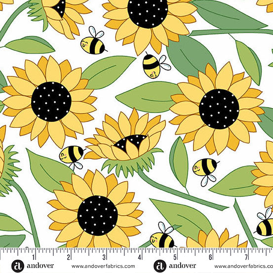 Sunny Honey by Amy Latta Blooms Abuzz White - 1/2 Yard