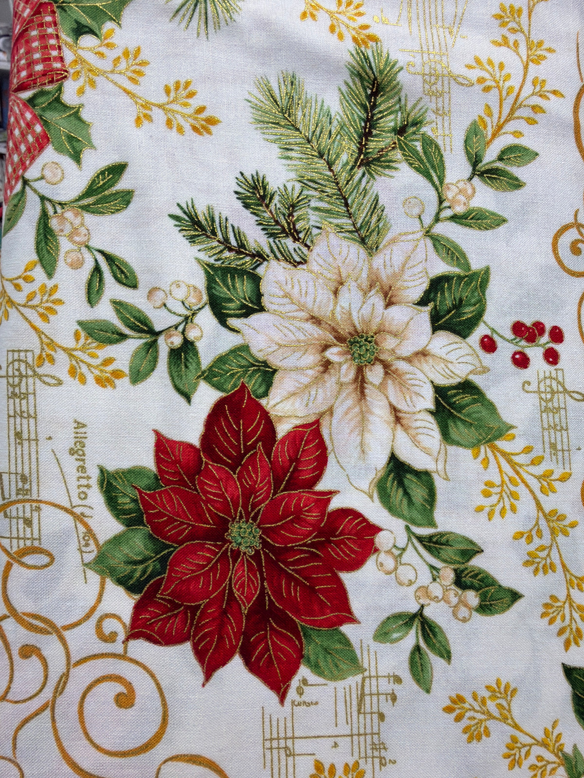 Cream Christmas Bell Poinsettia And Text w/Metallic CM-2050 Cream -1/2 Yard