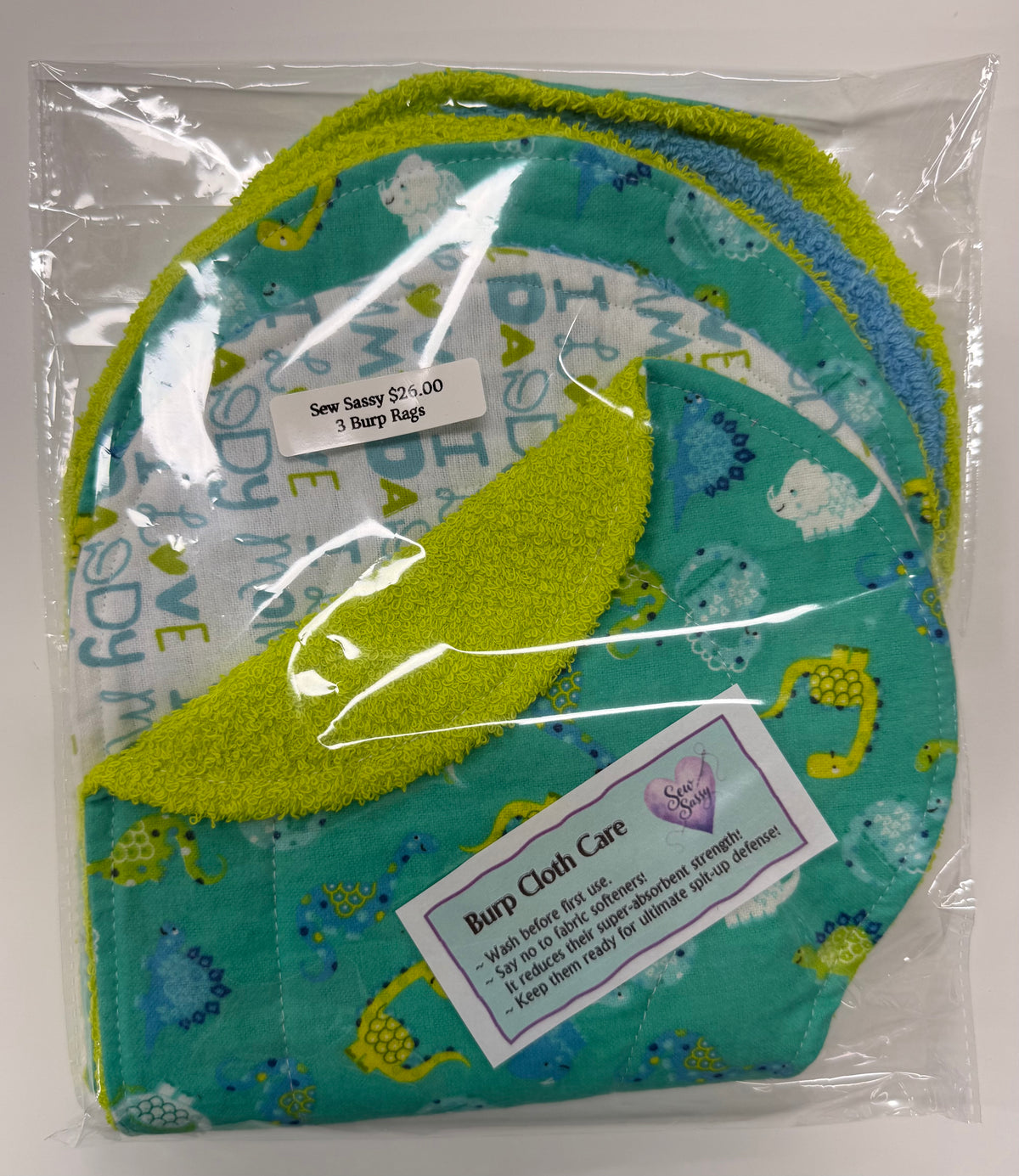 Handmade Baby Burp Cloths by Sew Sassy qty 3 Dinosaur