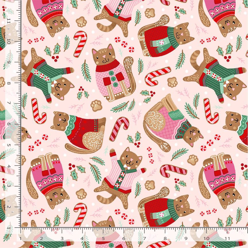 Ginger Cat Christmas GINGERBREAD CATS - Pink by BELLE HAUS for Timeless Treasures - 1/2 YARD