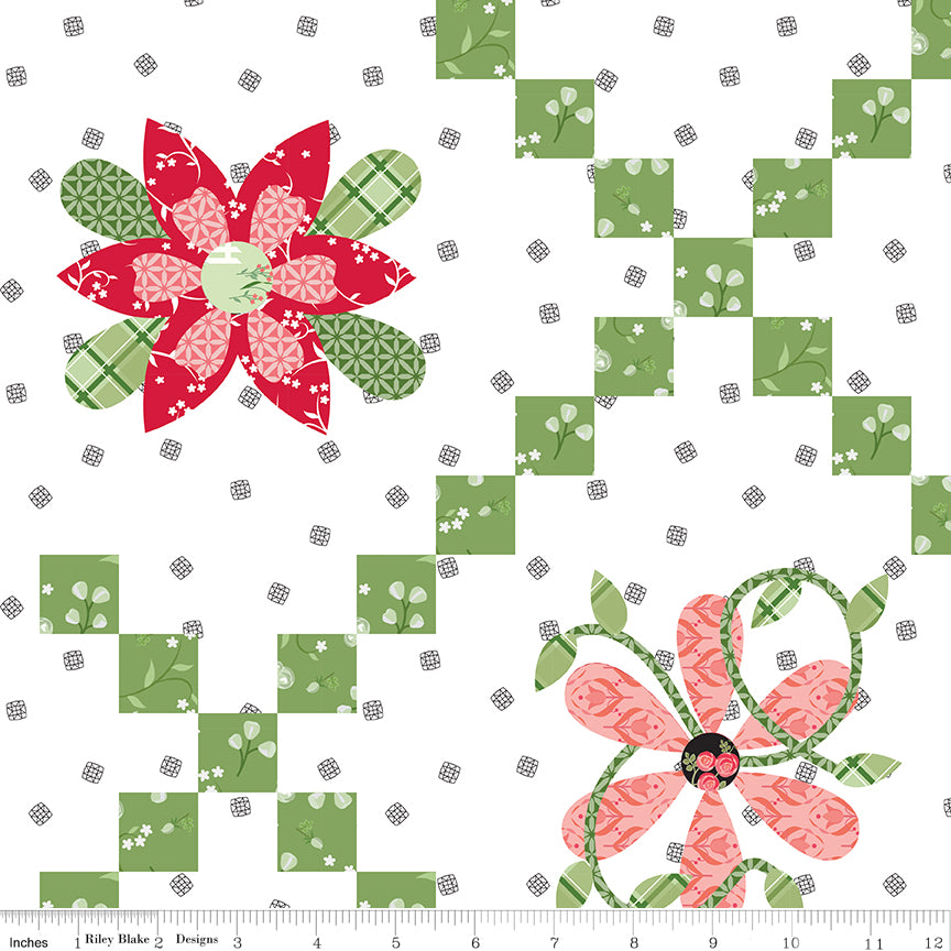 Front Porch Flower Chain Cheater Print White by Jill Finley for RBD - 1/2 YARD