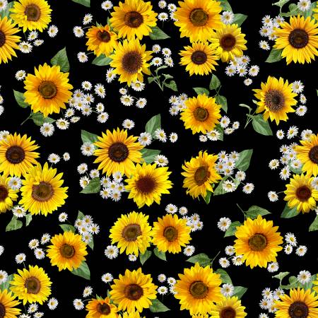 Advice from a Sunflower Sunflowers and Daisies Bouquets Black - 1/2 Yard