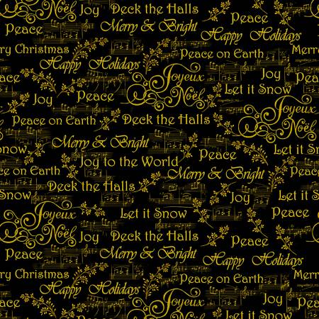 Black Christmas Words And Music Notes w/Metallic -1/2 Yard