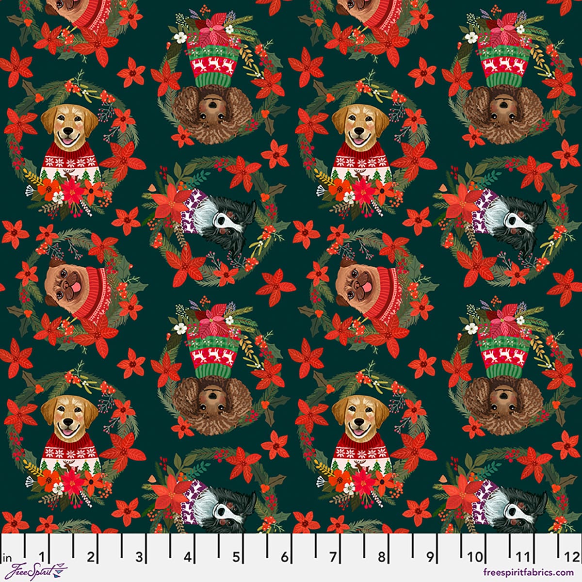 Christmas Dogs Spruce fabric by Mia Charro