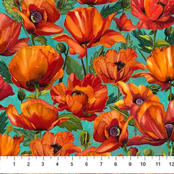 Northcott - Charisma - Nancy Dunlop Cawdrey- Packed Poppies - Turquoise Fat Quarter 18"X21"