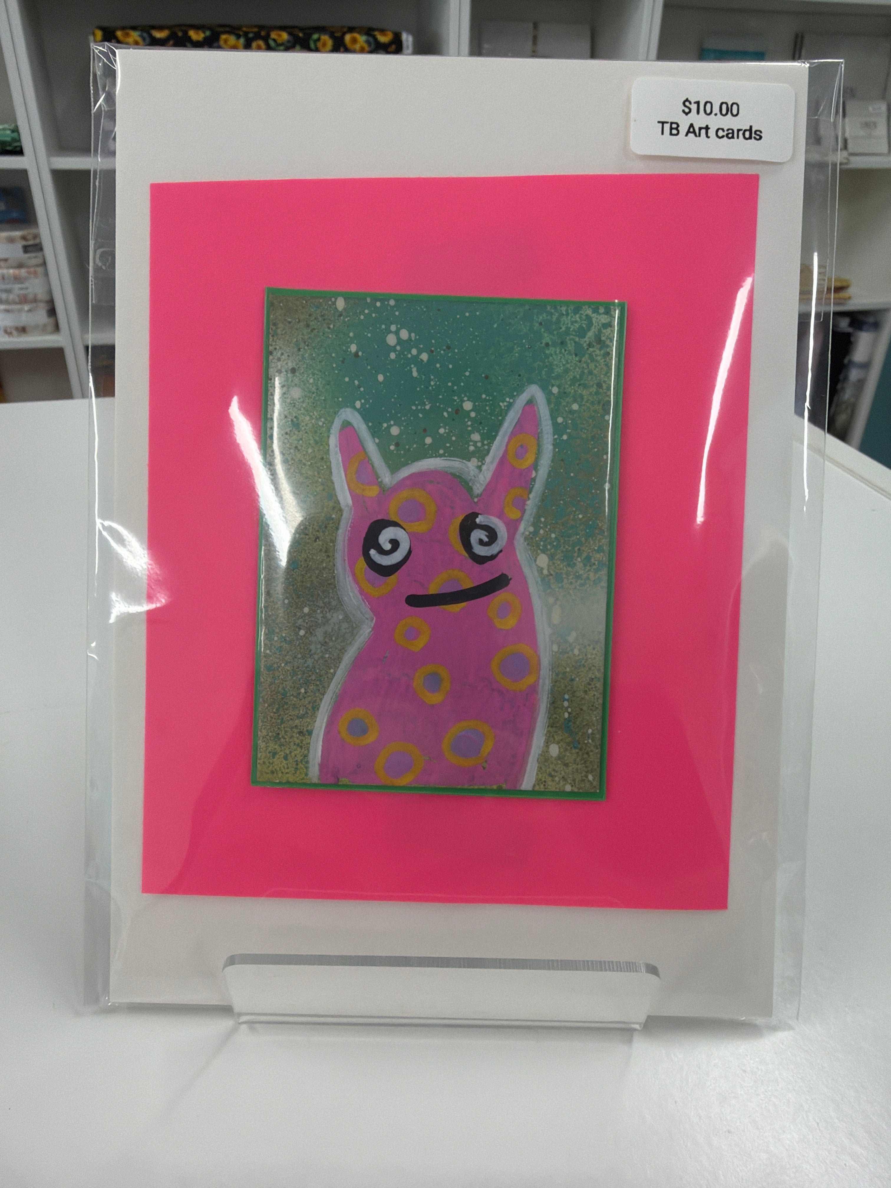 ACEO - Original Art Card - Pink Spots Monster - by local artist eat0_0Cake - 2" X3"