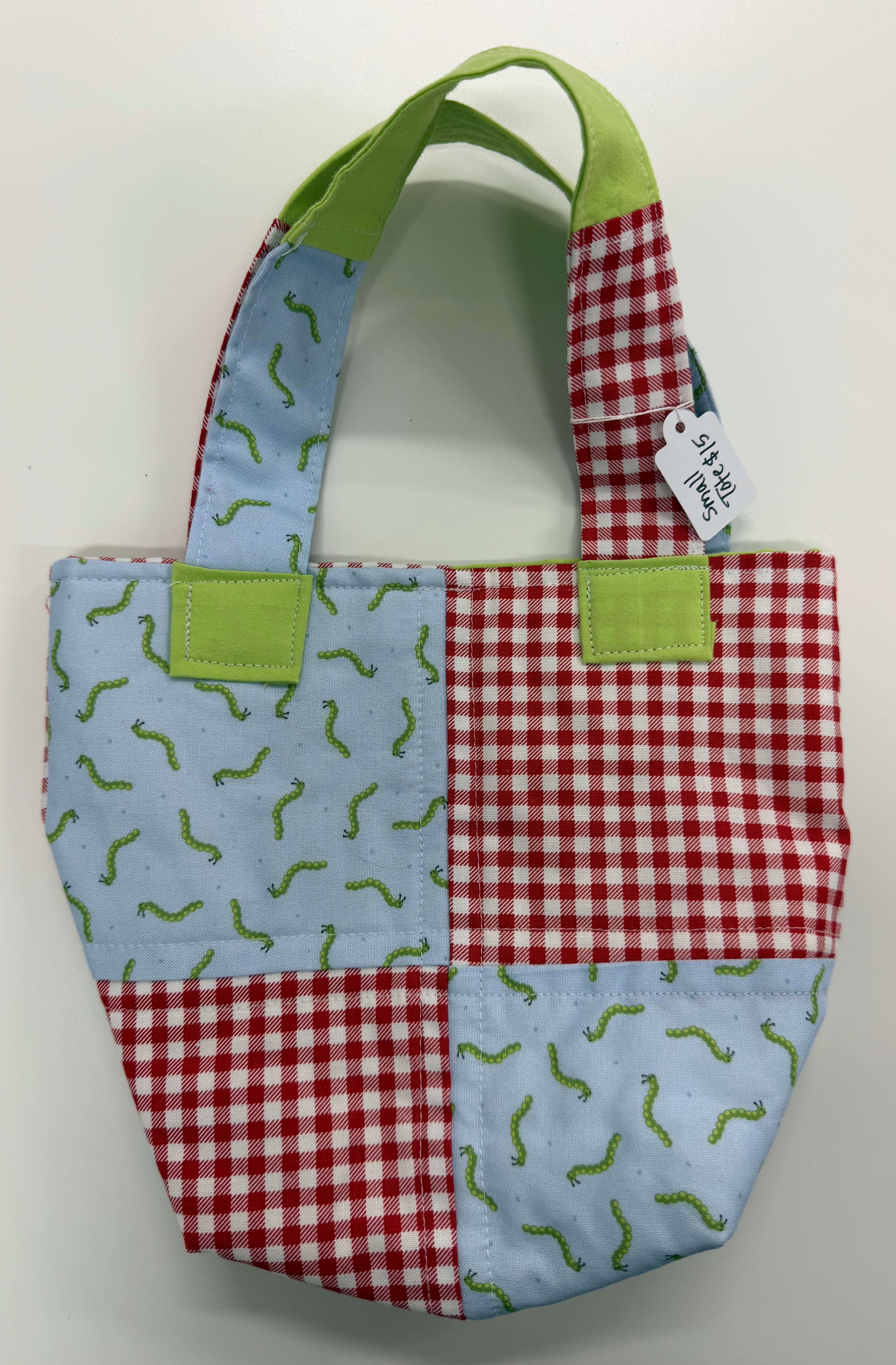 Blue and Red Gingham Inch Worm Small Tote Bag- Tiny Jungles