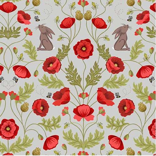Poppies Poppy & Hare on Light Grey A557 - 1 Yard Cut