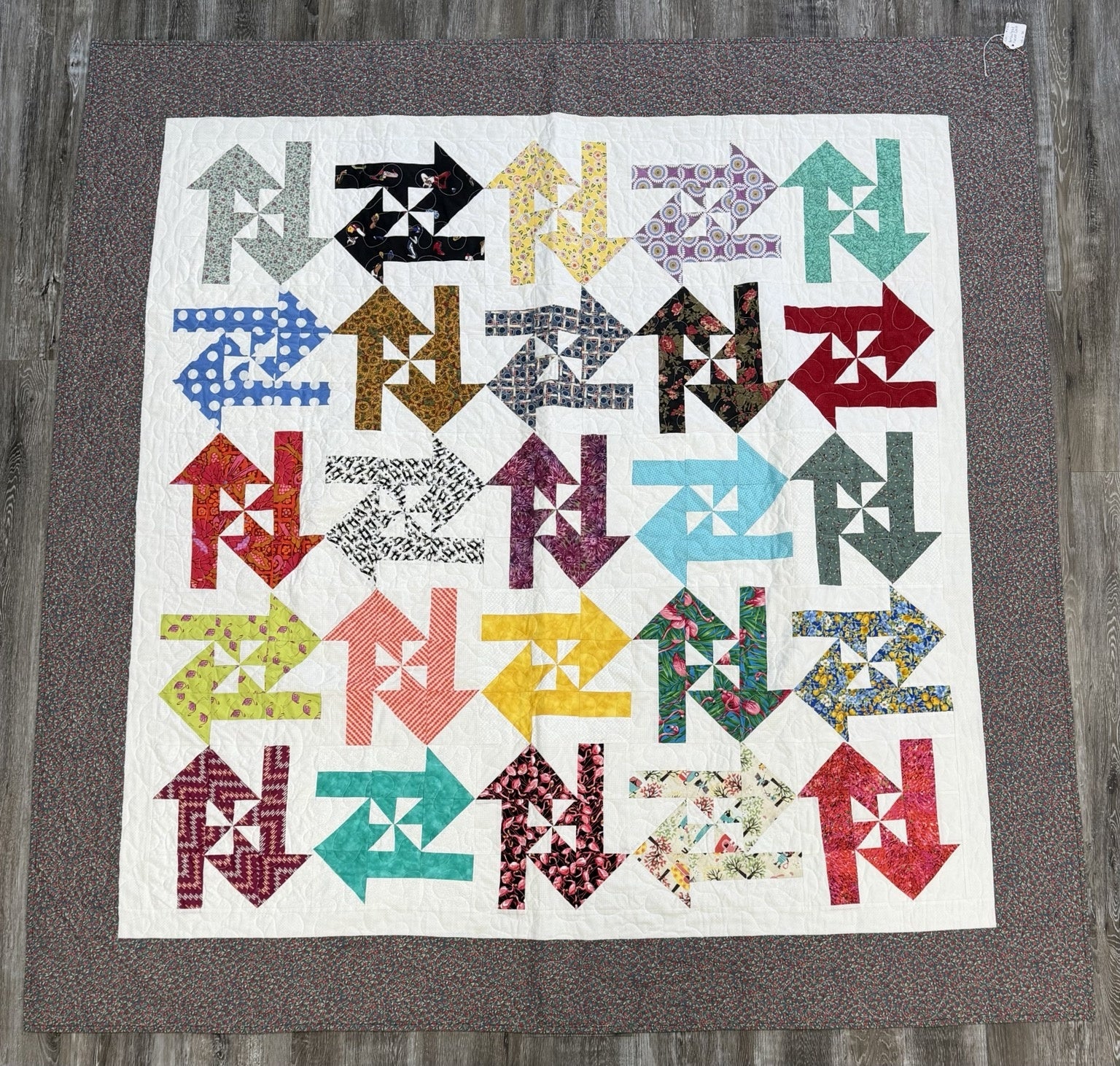 Colorful Arrow Head & Pinwheel Pieced Quilt by CW 68" X 70"
