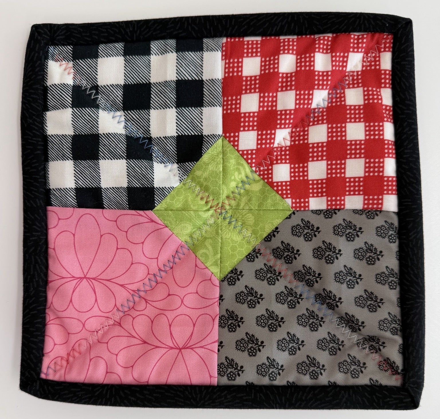 Pink Black & Green Patchwork Potholder by Quilts by Anne 8" X 8"