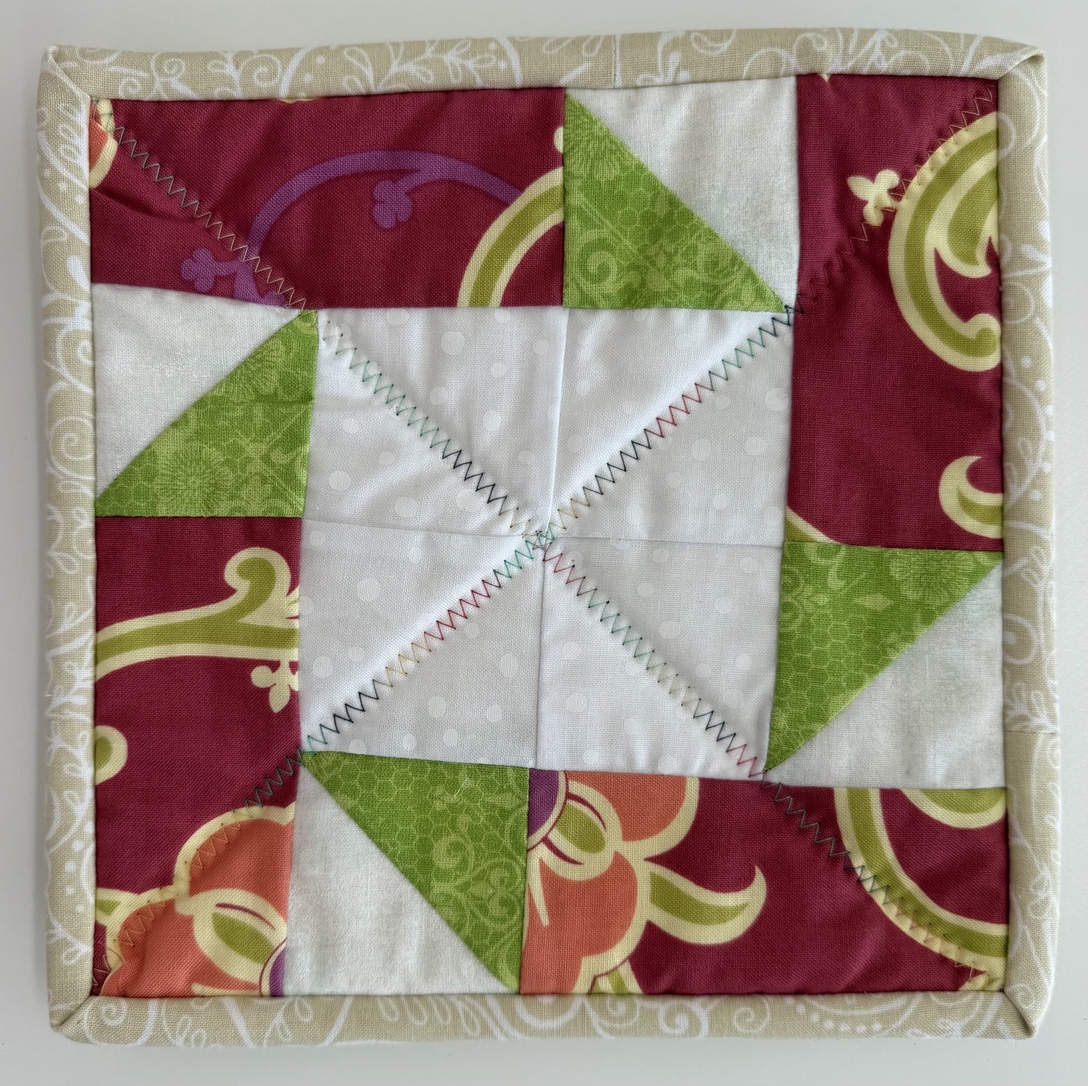 Raspberry Green Pinwheel Potholder by Quilts by Anne 8" X 8"