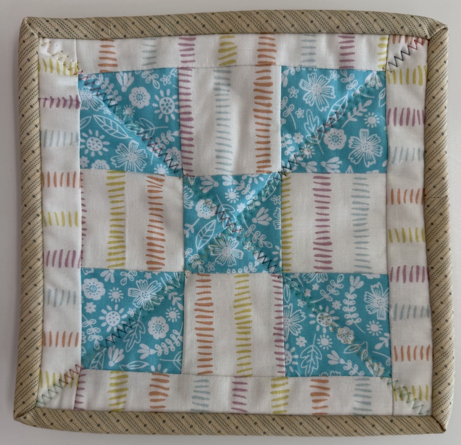Aqua Floral Checkerboard Potholder by Quilts by Anne 8" X 8"