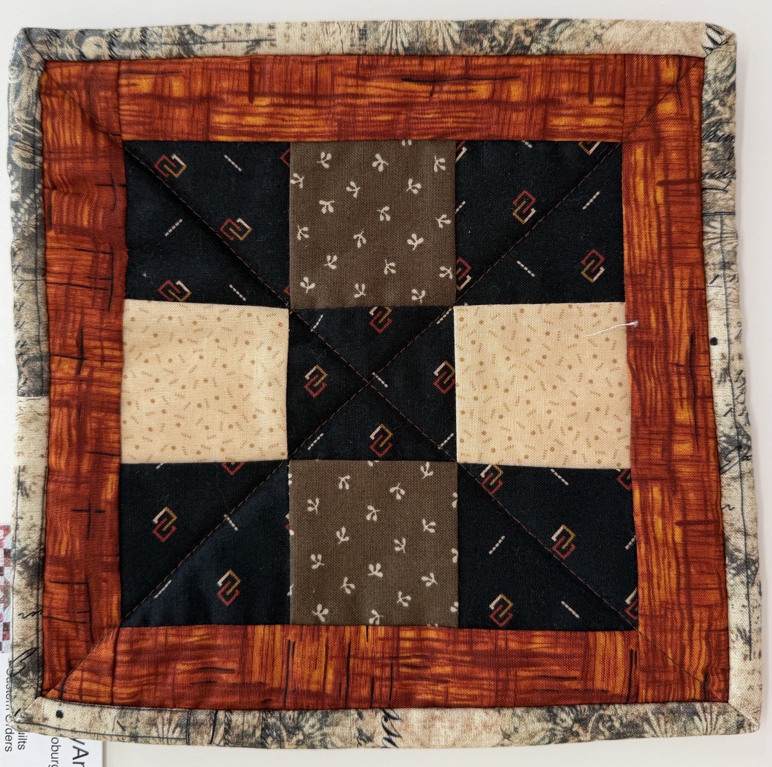 Rust Black & Cream Patchwork Potholder by Quilts by Anne 8" X 8"