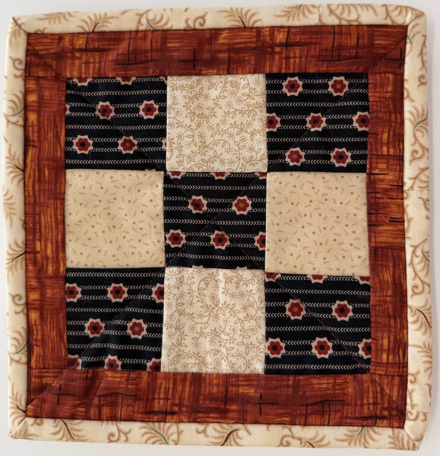 Rust Floral & Cream Patchwork Potholder by Quilts by Anne 8" X 8"