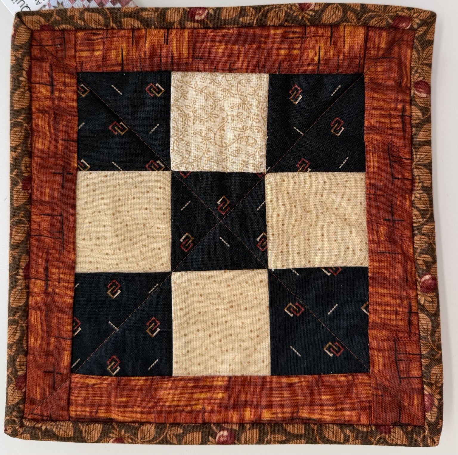 Rust Black & Beige Grid Potholder Potholder by Quilts by Anne 8" X 8"