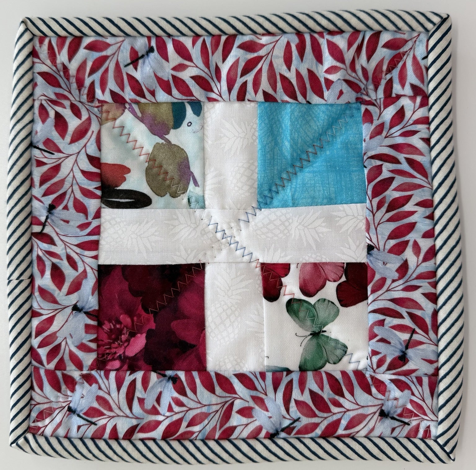Pink Floral & Aqua Patchwork Potholder Potholder by Quilts by Anne 8" X 8"