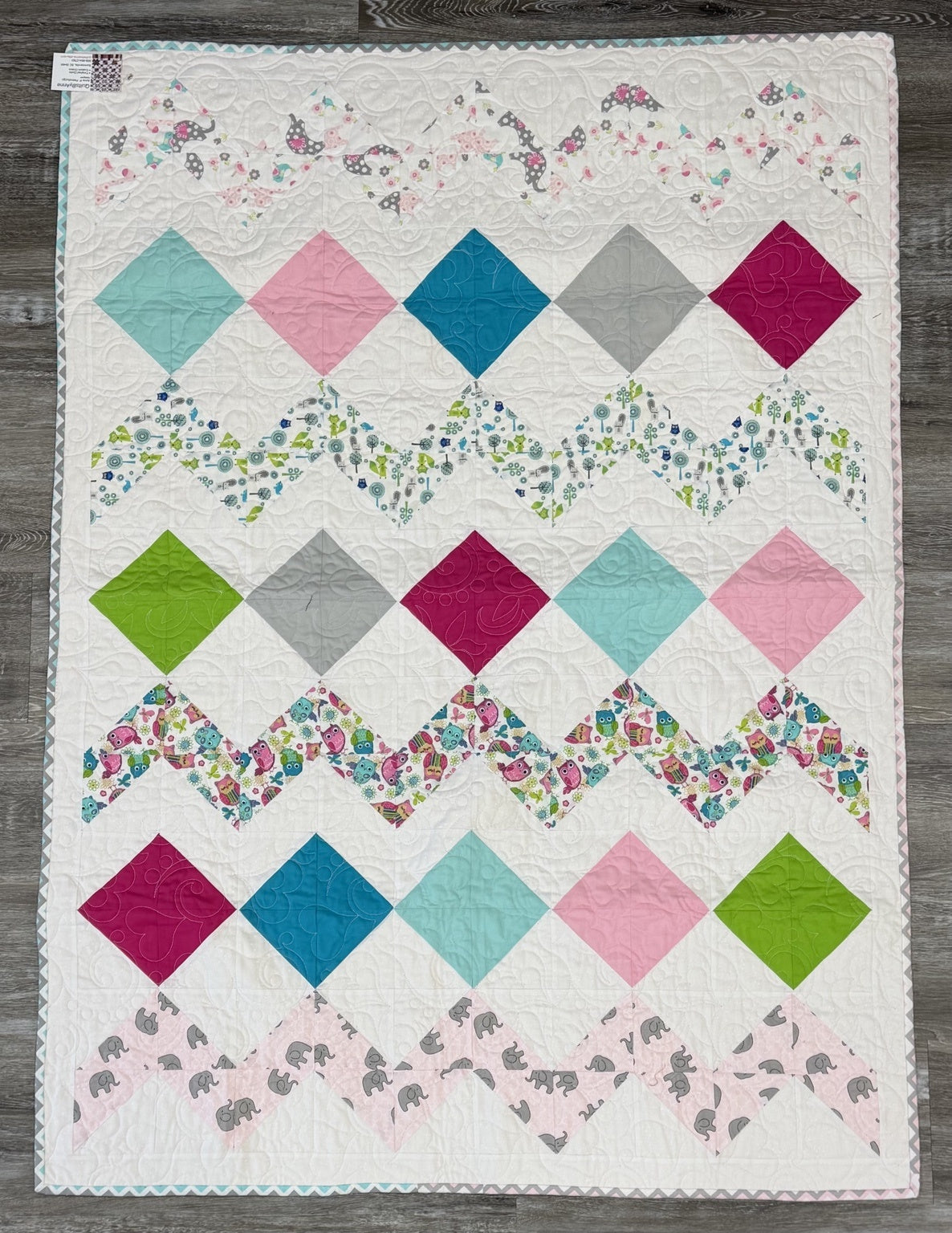 Children's Pastel Owls & Elephants Quilt by Quilt by Anne 42" X 58" APP103