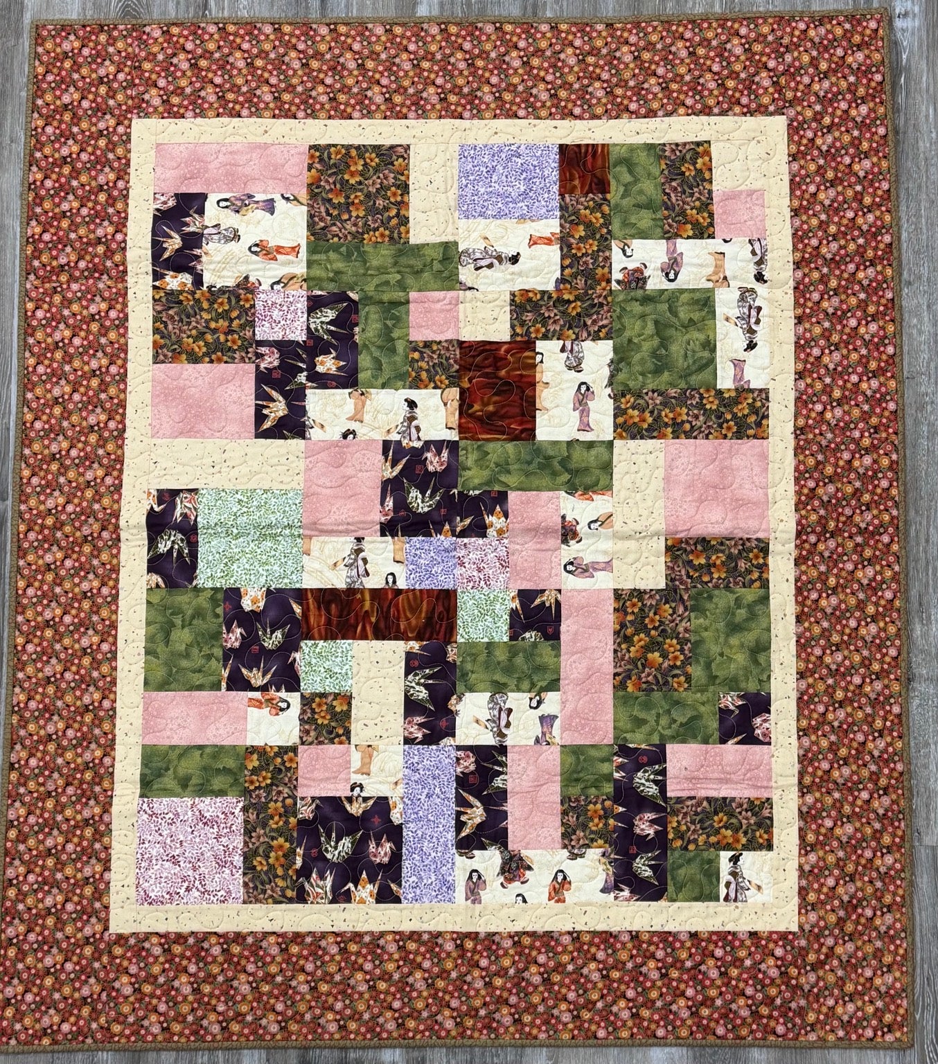 Asian Floral Patchwork Quilt by Sew Sassy 58" X 50"