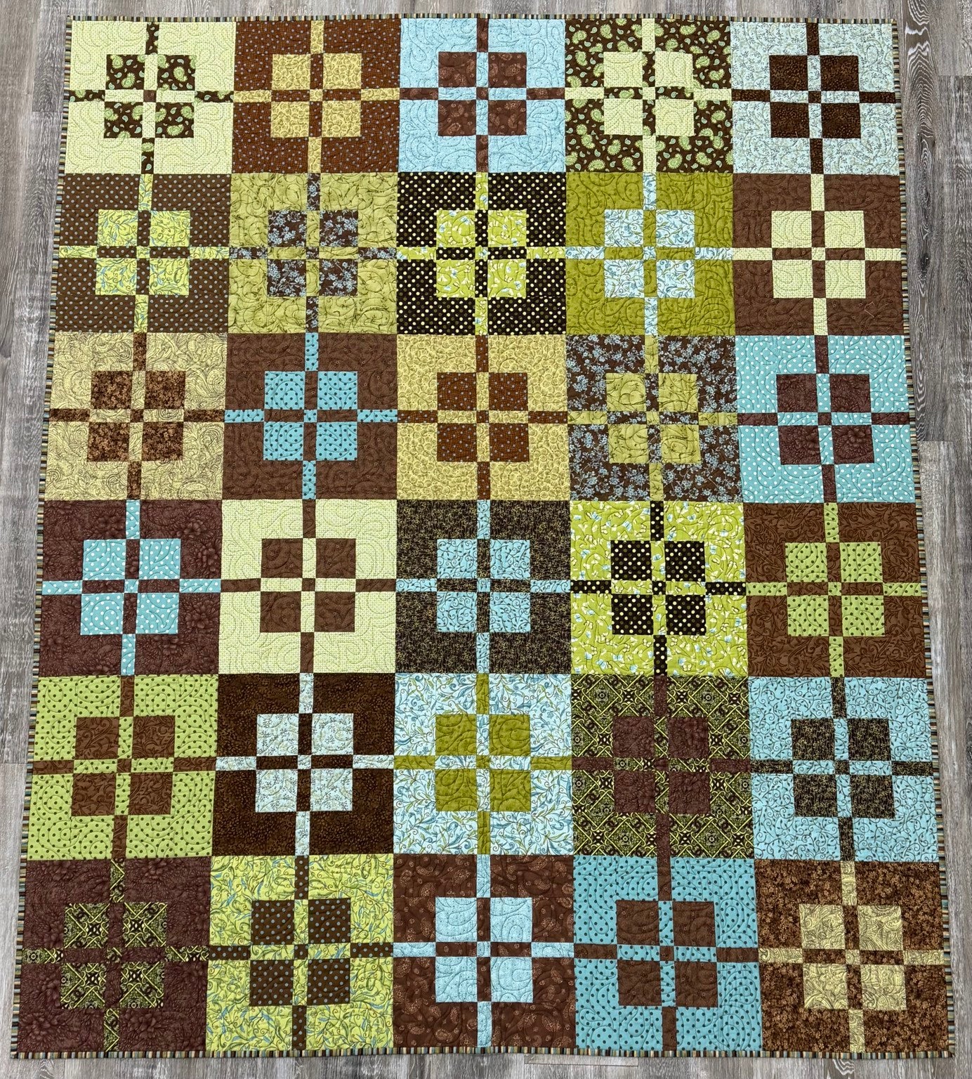 Brown Aqua & Green Block Quilt by Sew Sassy 76" X 64"