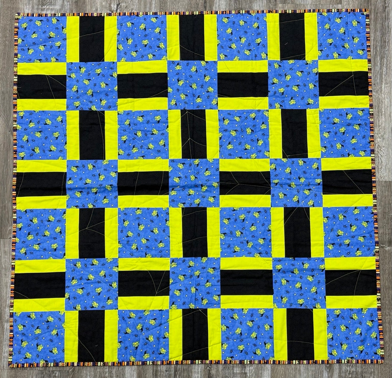 Blue Lime & Black Frog Geometric Quilt by Sew Sassy 42" X 42"