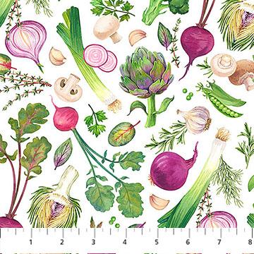 Northcott Market Garden Packed Veggies White Multi DP29097-10