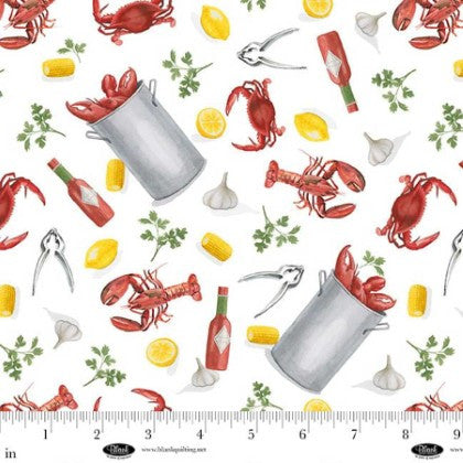 Seaside Boil Lobster Pots and Lobsters White for Blank Quilting - 1/2 YARD