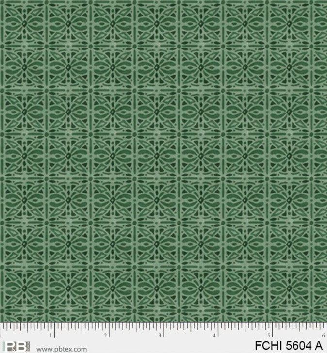Floral Chic Tonal Tiles Green quilting cotton fabric