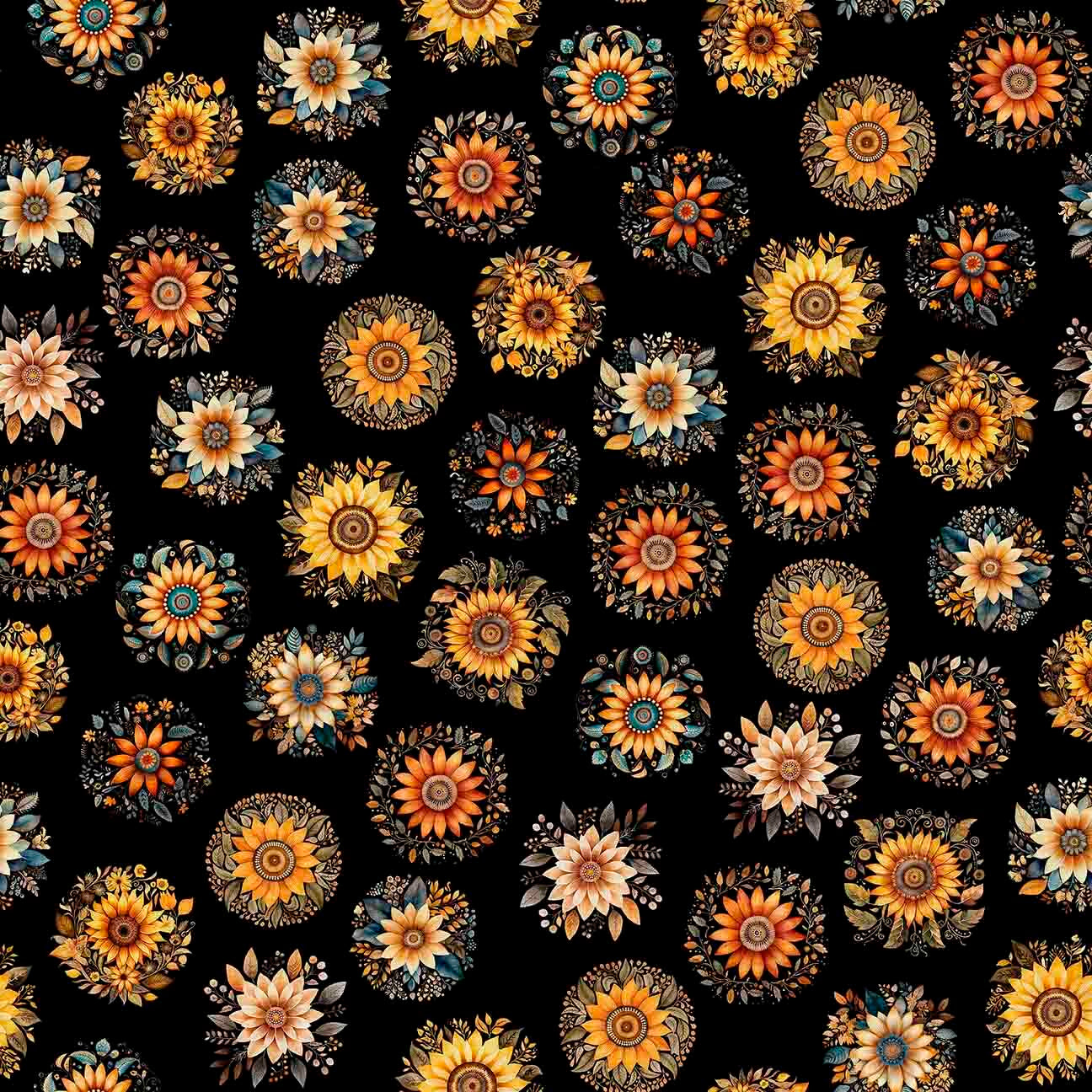 Poultry in Motion Sunflowers Black - 1/2 Yard