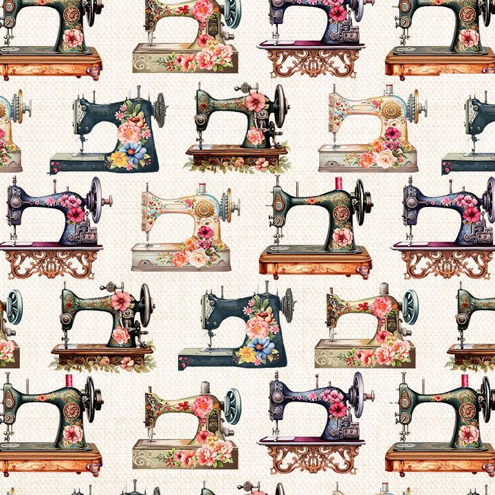 HAPPY PLACE - MADE WITH LOVE  - FLORAL SEWING MACHINES - Timeless Treasures 1/2 Yard