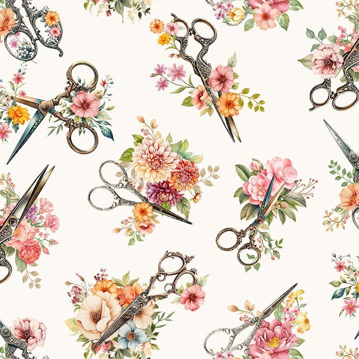 HAPPY PLACE - MADE WITH LOVE  - TOSSED FLORAL SCISSORS - Timeless Treasures 1/2 Yard