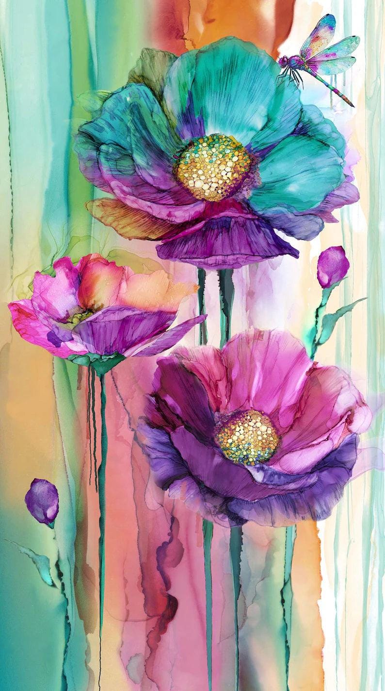 Dragonfly Dance Fabric Panel 24" X 43" Northcott Fabric, Floral GIft Home Decor Quilt Wall Hanging
