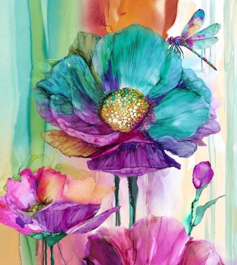 Dragonfly Dance Fabric Panel 24" X 43" Northcott Fabric, Floral GIft Home Decor Quilt Wall Hanging