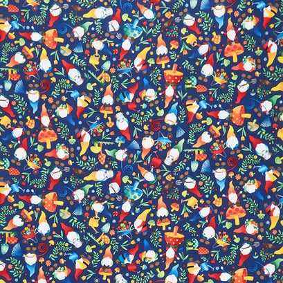 Timeless Treasures - Tossed Woodland Gnomes Navy - 1/2 Yard