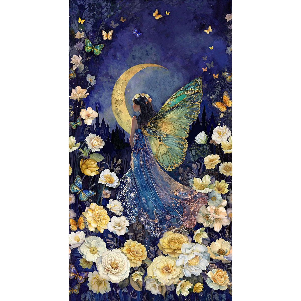 Lumiere 24-inch fairy panel with a castle, crescent moon, flowers, and butterflies.