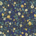 Sapphire blue Lumiere fabric with miniature roses and graceful leaves.