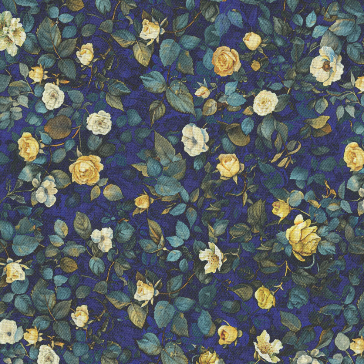 Sapphire blue Lumiere fabric with miniature roses and graceful leaves.