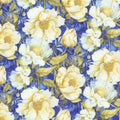 Cobalt blue Lumiere fabric with cream stylized flowers and dense foliage.