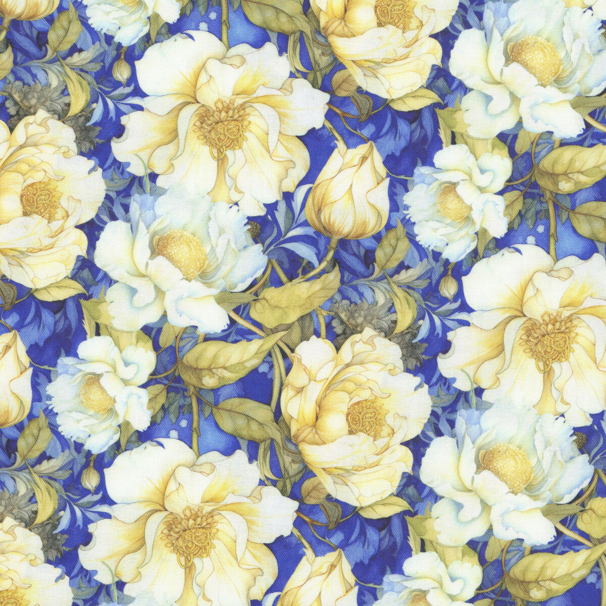 Cobalt blue Lumiere fabric with cream stylized flowers and dense foliage.