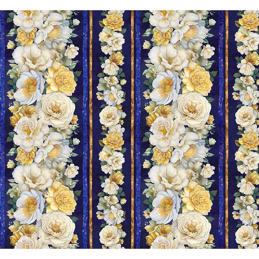 Night-blue Lumiere border print with coordinated cream floral stripes.