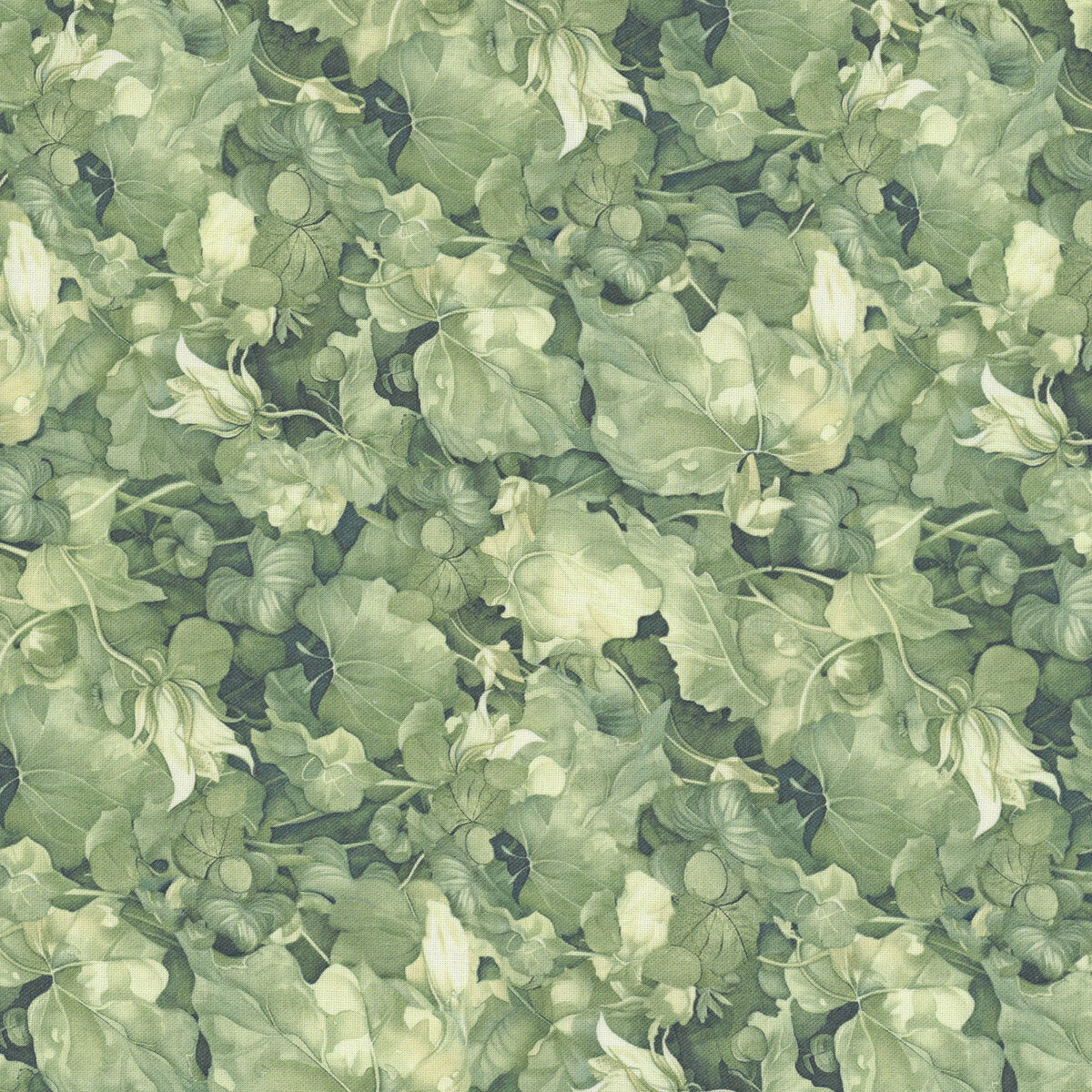 Green Lumiere fabric with densely layered leaves and subtle florals.