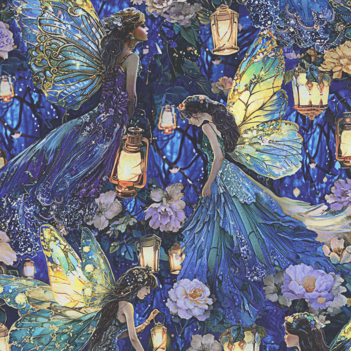 Blue Lumiere fabric with scattered fairies, glowing lanterns, and stylized flowers.